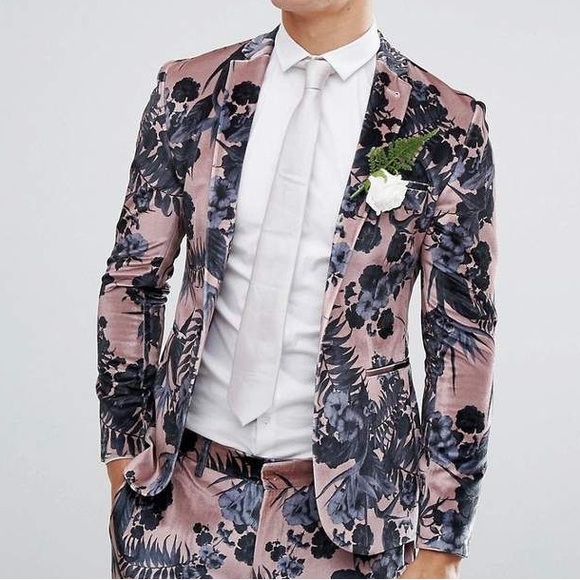 Velvet Floral Print Blazer In Dusty Pink/ Midnight Blue - Picture 4 of 4